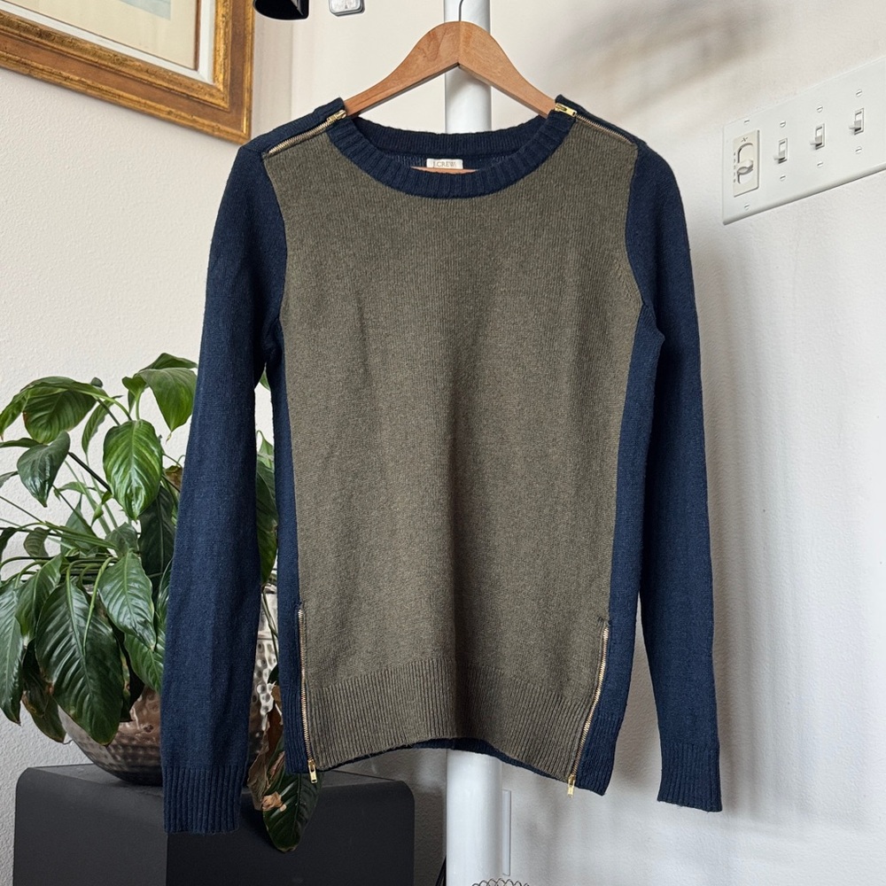 J Crew Knit Wool Blend Pullover Sweater Sz S Navy Blue Green zipper detail Crew
